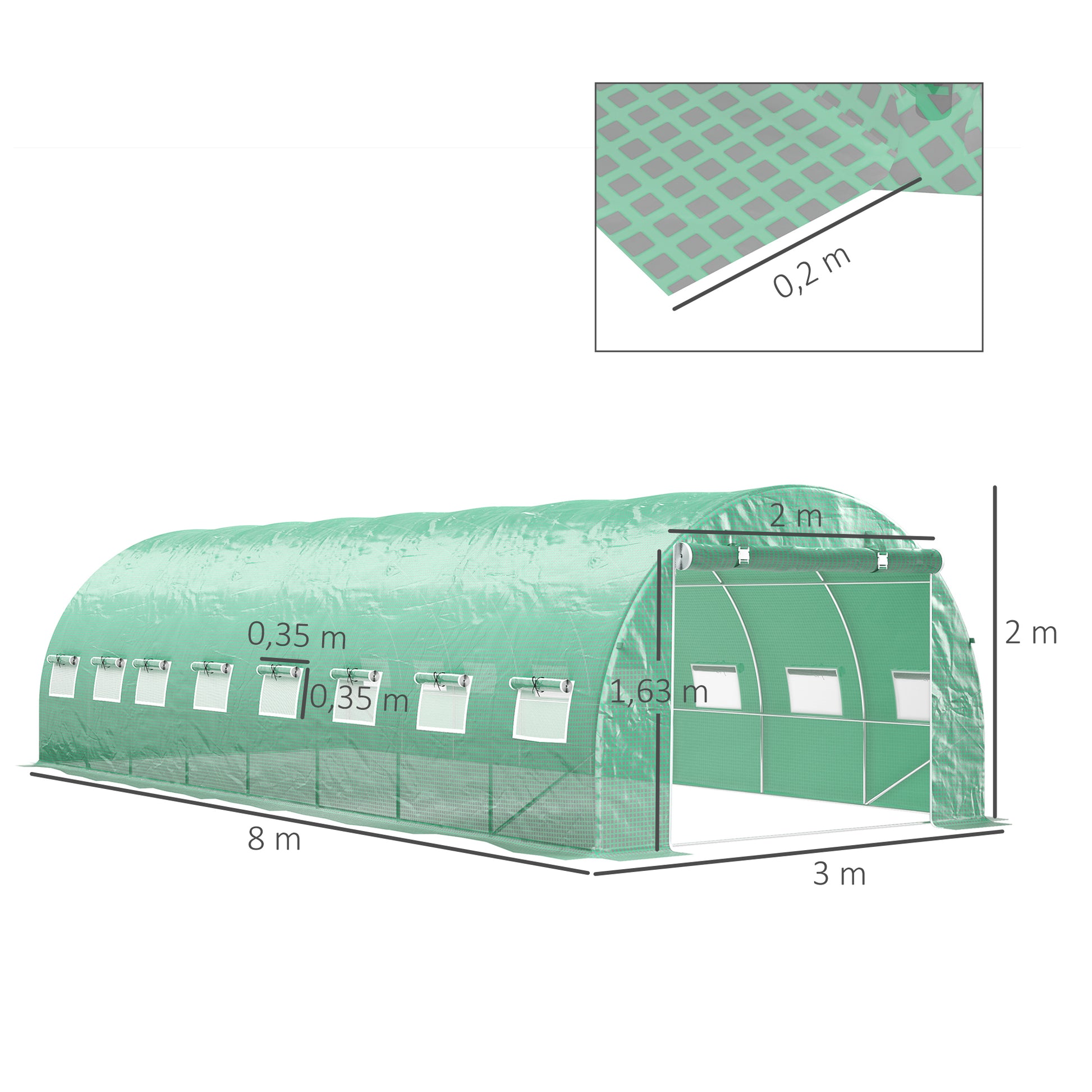 Garden Tunnel Greenhouse 24m² 8L x 3W x 2H m - 16 Windows, Roll-up Zippered Door - Galvanized Tubular Steel Frame, High Density PE Greenhouse cover
