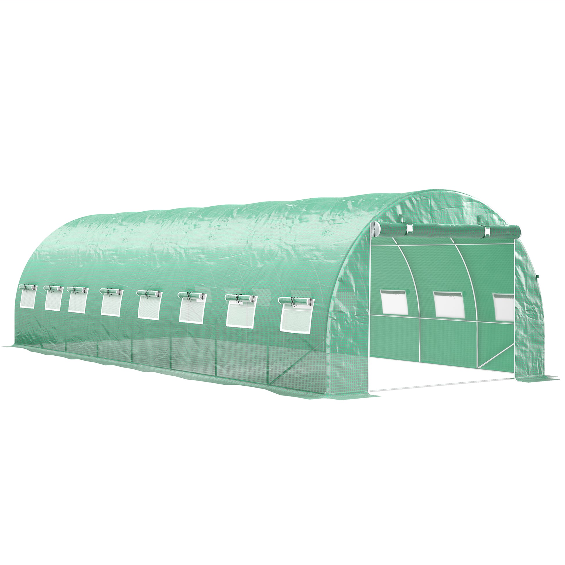 Garden Tunnel Greenhouse 24m² 8L x 3W x 2H m - 16 Windows, Roll-up Zippered Door - Galvanized Tubular Steel Frame, High Density PE Greenhouse cover