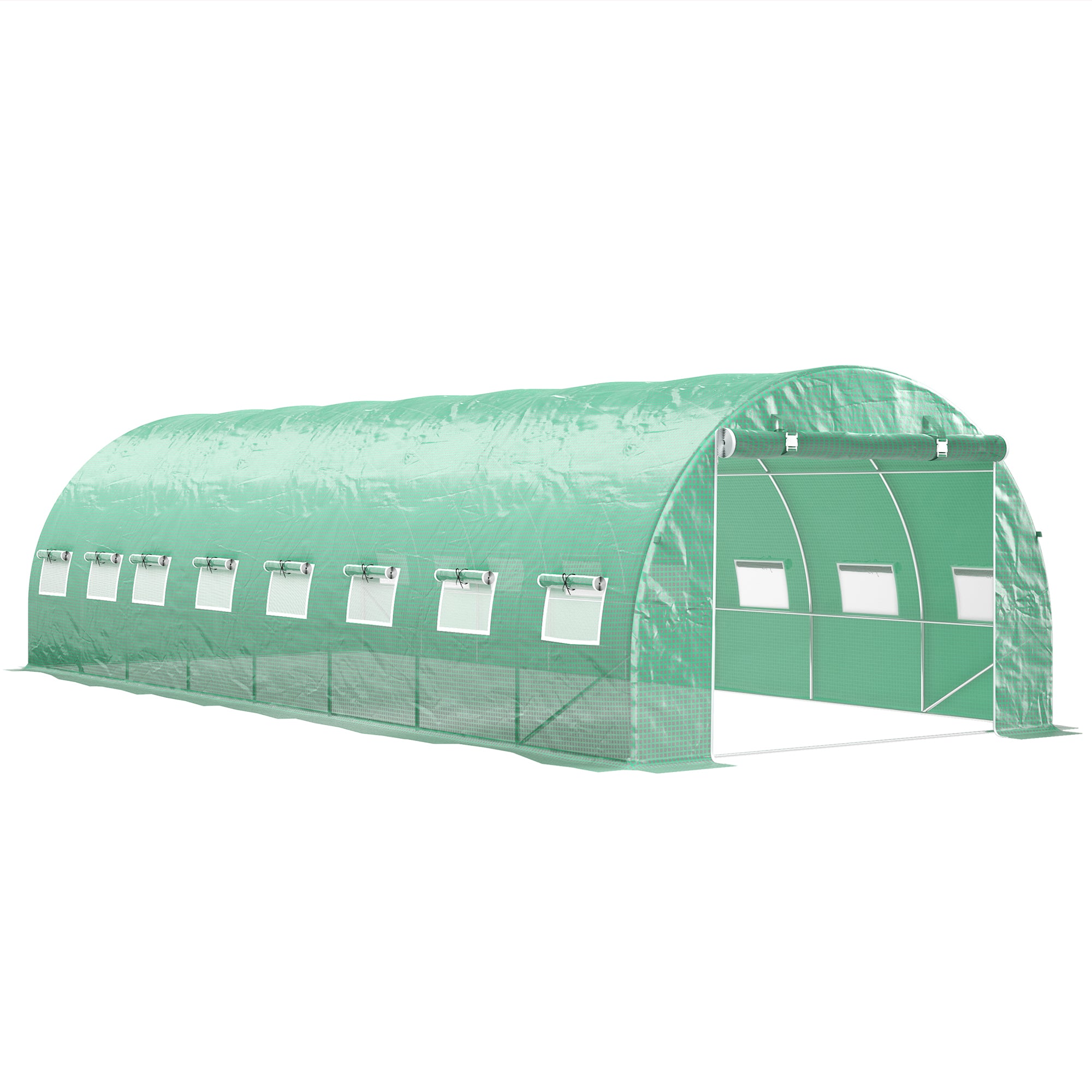 Garden Tunnel Greenhouse 24m² 8L x 3W x 2H m - 16 Windows, Roll-up Zippered Door - Galvanized Tubular Steel Frame, High Density PE Greenhouse cover