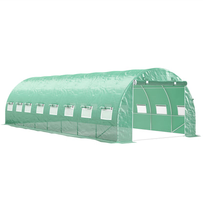 Garden Tunnel Greenhouse 24m² 8L x 3W x 2H m - 16 Windows, Roll-up Zippered Door - Galvanized Tubular Steel Frame, High Density PE Greenhouse cover