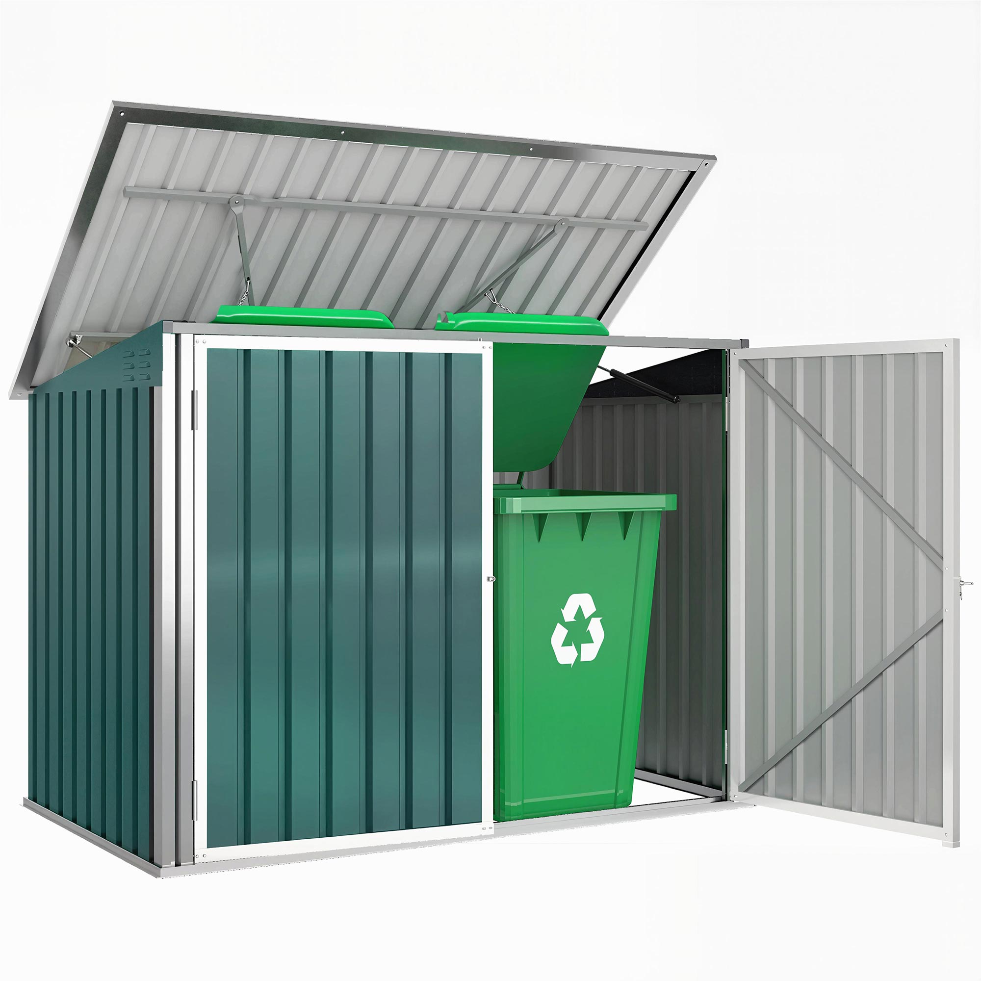 Lockable Steel Bin Storage Box for 2 Bins – Double Doors & Gas-Lift Lid, Ventilated, Green (179.5 x 108 x 129.5/113 cm)