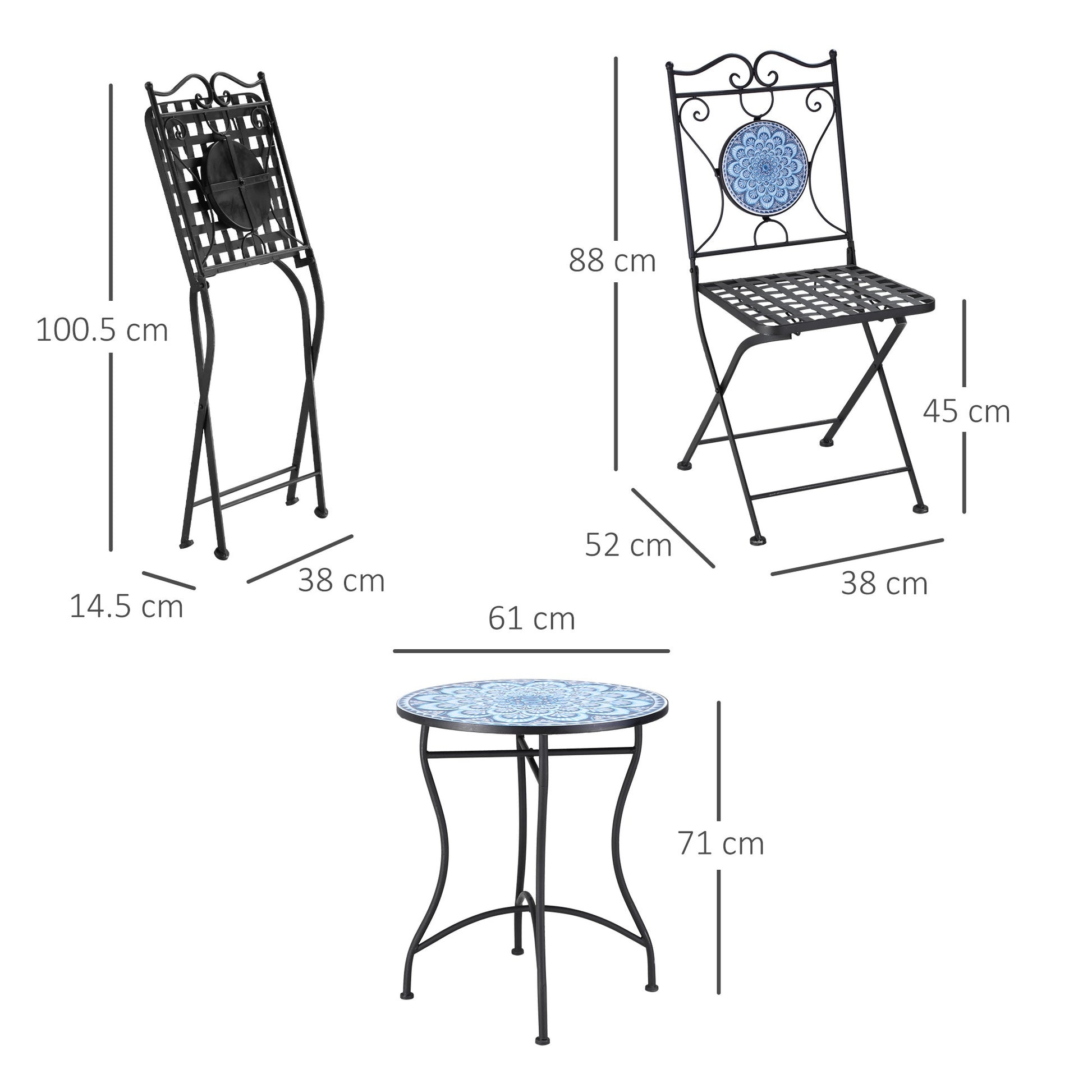 3-Piece Garden Set with Mosaic, Round Outdoor Table with 2 Folding Metal Chairs, Blue