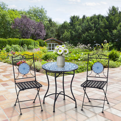 3-Piece Garden Set with Mosaic, Round Outdoor Table with 2 Folding Metal Chairs, Blue