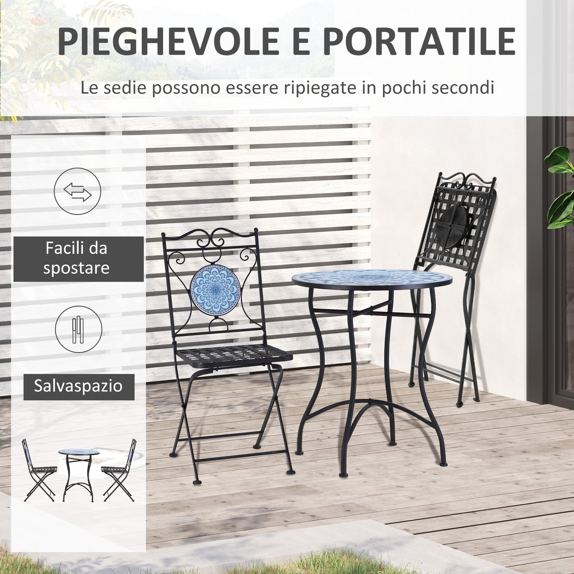 3-Piece Garden Set with Mosaic, Round Outdoor Table with 2 Folding Metal Chairs, Blue
