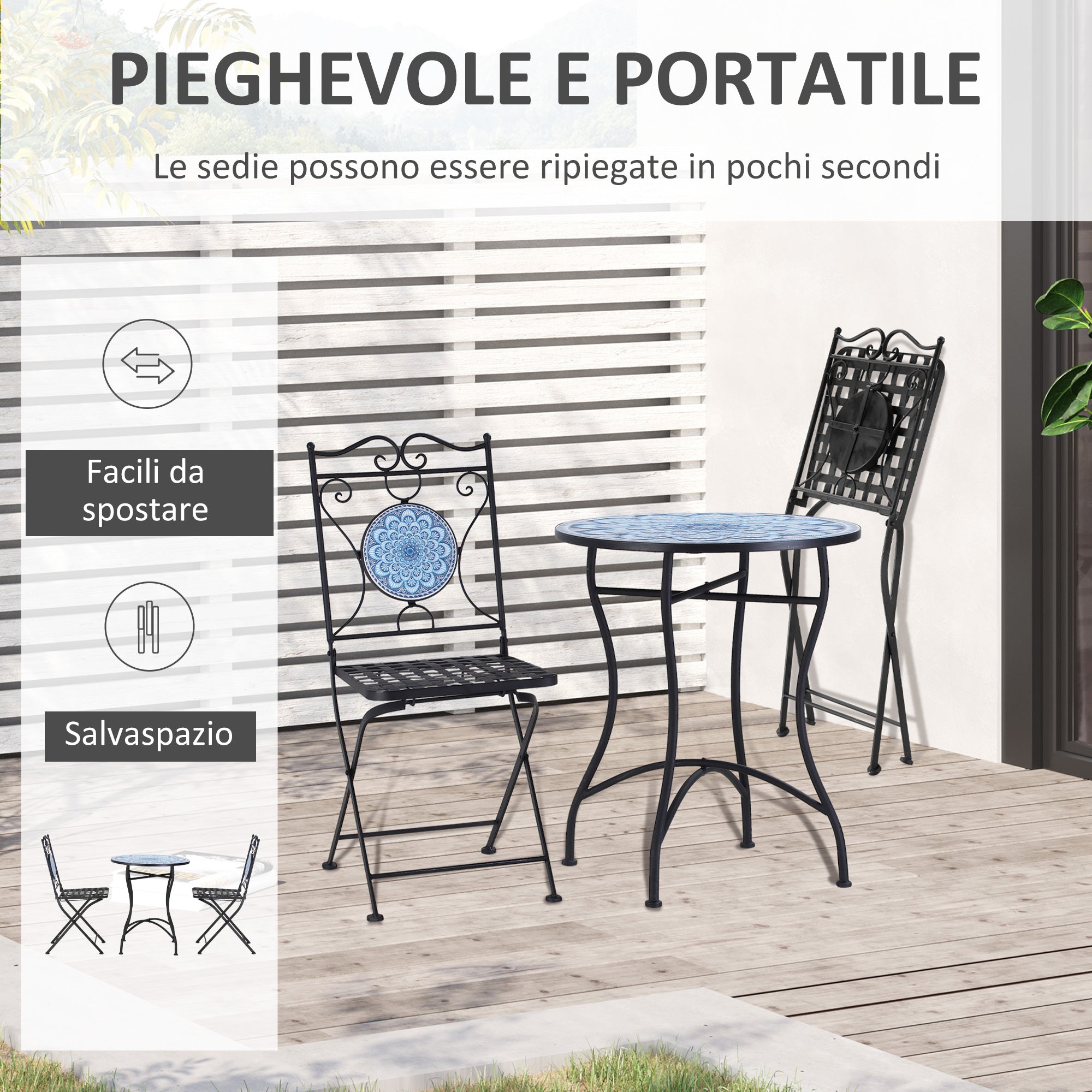 3-Piece Garden Set with Mosaic, Round Outdoor Table with 2 Folding Metal Chairs, Blue