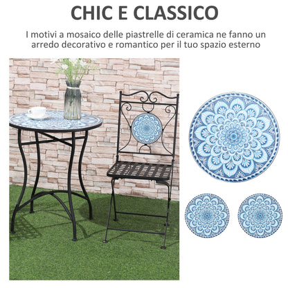 3-Piece Garden Set with Mosaic, Round Outdoor Table with 2 Folding Metal Chairs, Blue