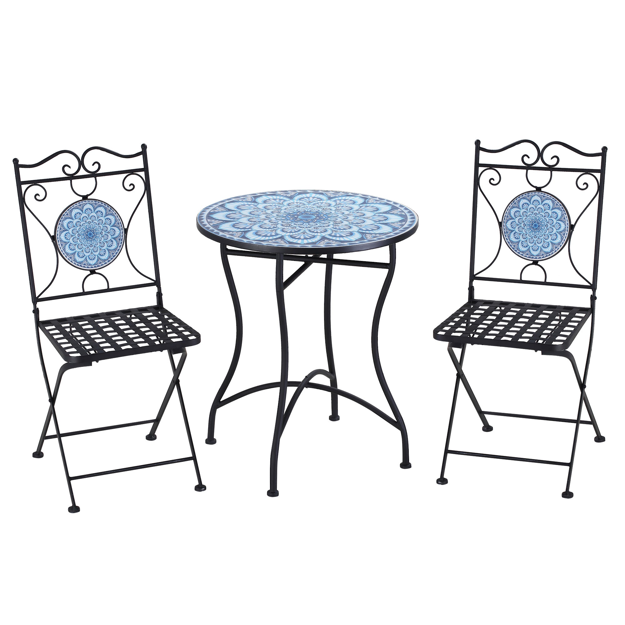 3-Piece Garden Set with Mosaic, Round Outdoor Table with 2 Folding Metal Chairs, Blue