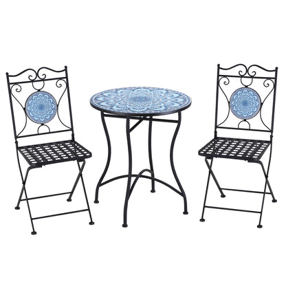 3-Piece Garden Set with Mosaic, Round Outdoor Table with 2 Folding Metal Chairs, Blue