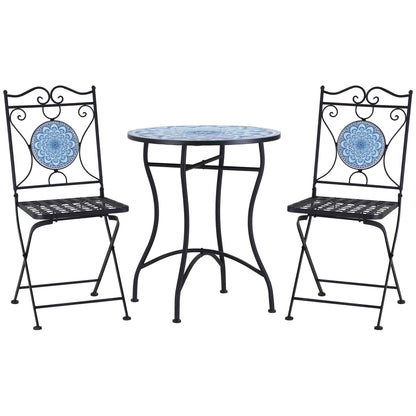3-Piece Garden Set with Mosaic, Round Outdoor Table with 2 Folding Metal Chairs, Blue