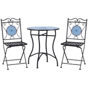 3-Piece Garden Set with Mosaic, Round Outdoor Table with 2 Folding Metal Chairs, Blue