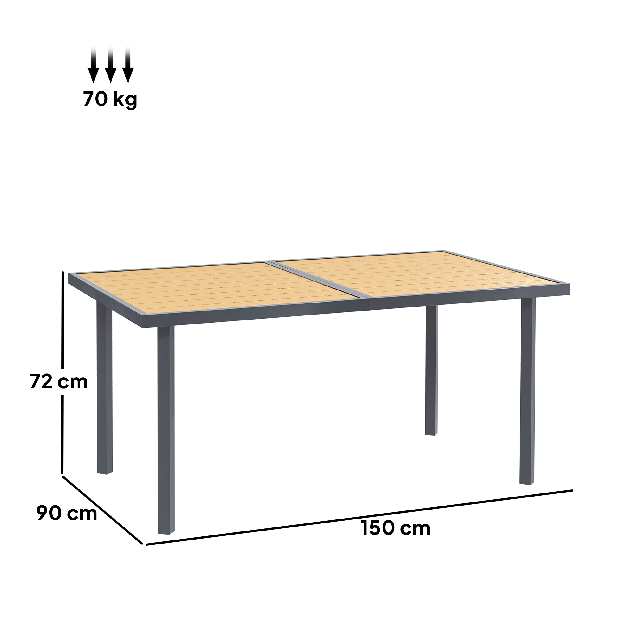 Garden Dining Table for 6 people, Garden Table with Rectangular Wood-Effect Anti-Rust Steel Top for Patio, Terrace, 150 x 90 x 72 cm, Natural Wood