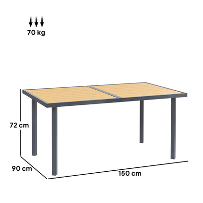 Garden Dining Table for 6 people, Garden Table with Rectangular Wood-Effect Anti-Rust Steel Top for Patio, Terrace, 150 x 90 x 72 cm, Natural Wood