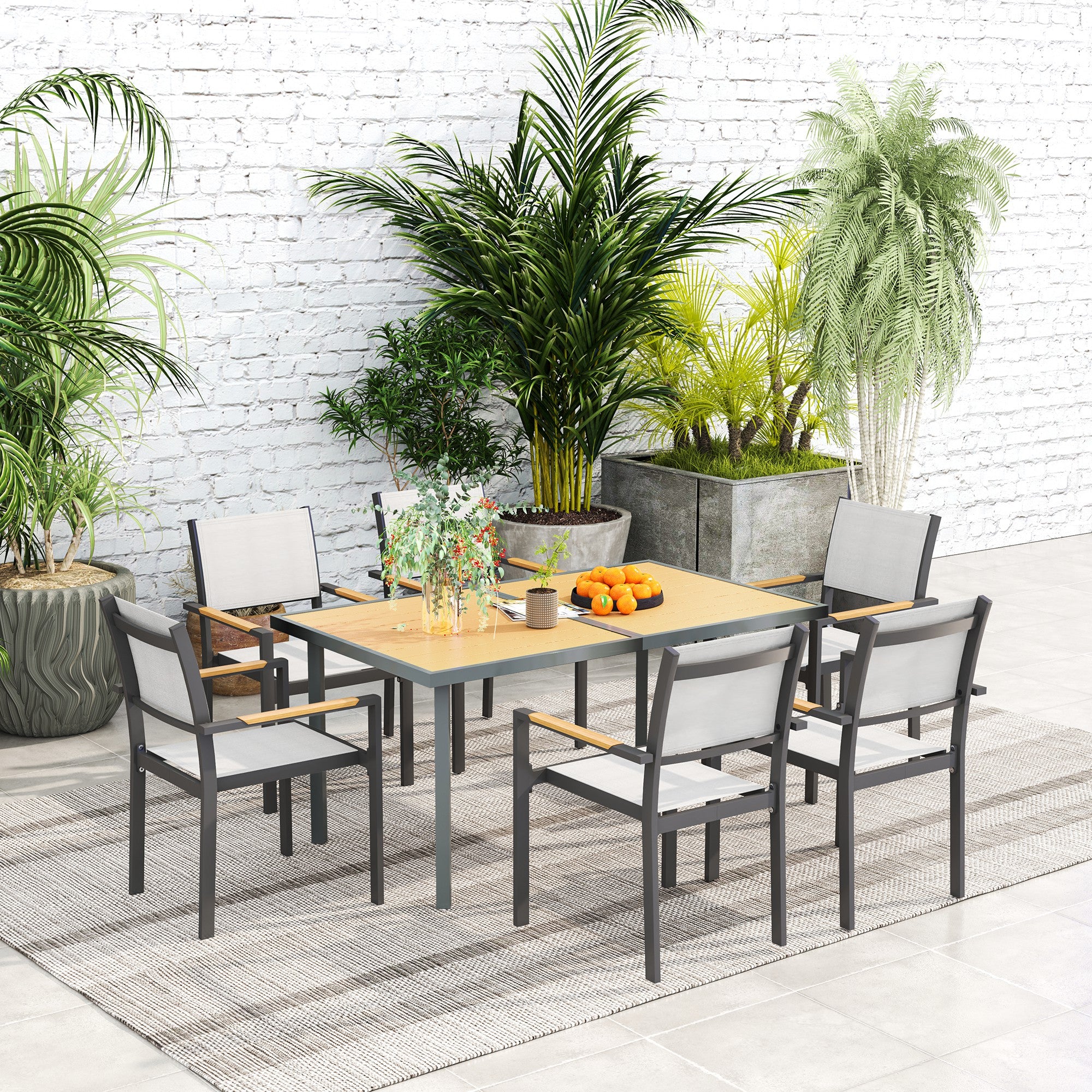 Garden Dining Table for 6 people, Garden Table with Rectangular Wood-Effect Anti-Rust Steel Top for Patio, Terrace, 150 x 90 x 72 cm, Natural Wood