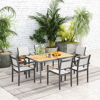 Garden Dining Table for 6 people, Garden Table with Rectangular Wood-Effect Anti-Rust Steel Top for Patio, Terrace, 150 x 90 x 72 cm, Natural Wood