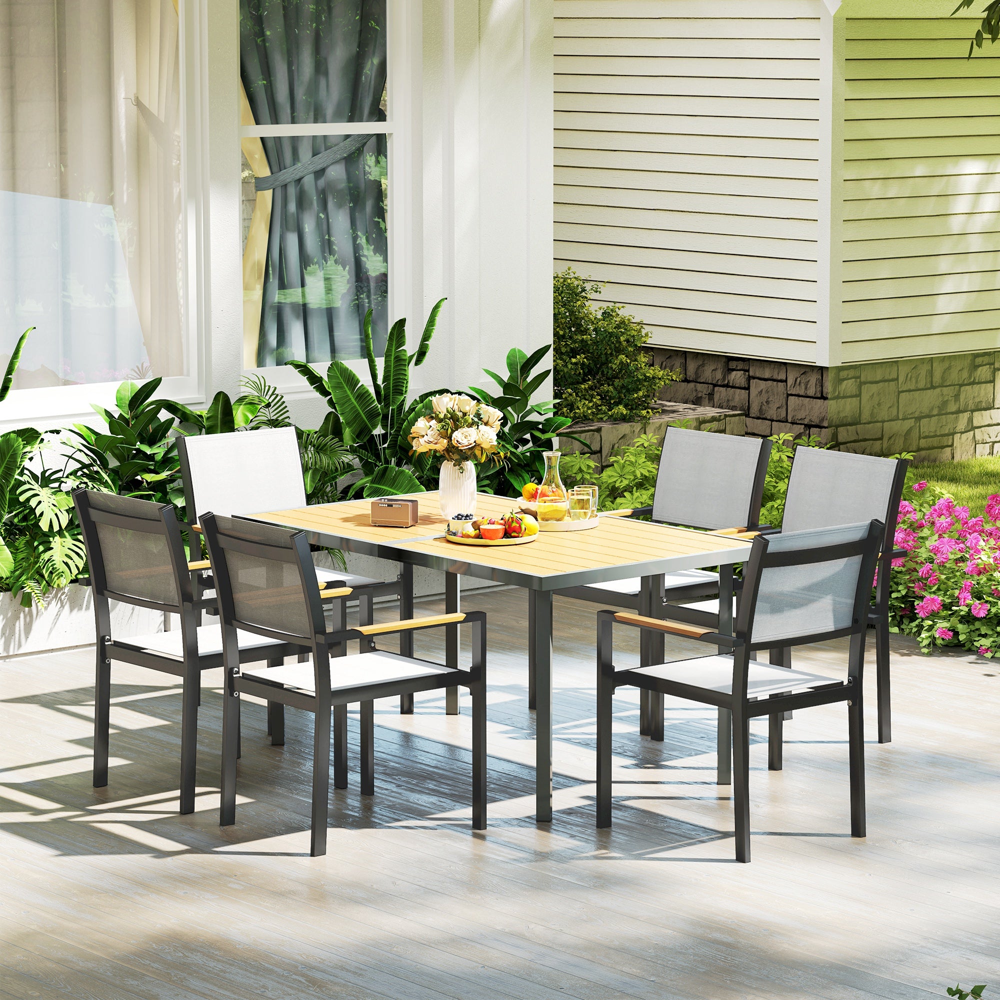 Garden Dining Table for 6 people, Garden Table with Rectangular Wood-Effect Anti-Rust Steel Top for Patio, Terrace, 150 x 90 x 72 cm, Natural Wood
