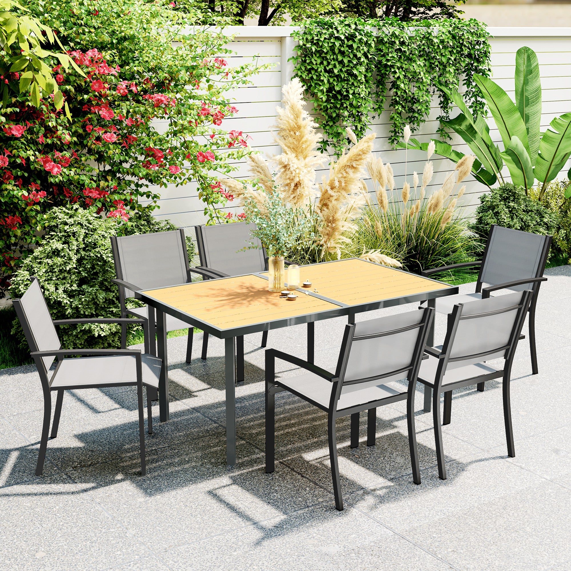 Garden Dining Table for 6 people, Garden Table with Rectangular Wood-Effect Anti-Rust Steel Top for Patio, Terrace, 150 x 90 x 72 cm, Natural Wood