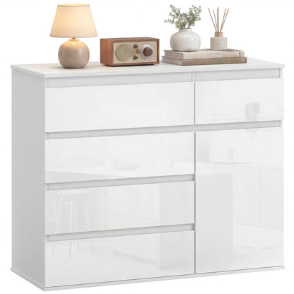 Sideboard with 5 Drawers, Adjustable Shelves, Soft-Close Door, High-Gloss White — 39.4 x 15.7 x 31.5 in