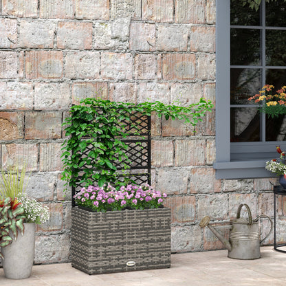 Planter with Trellis for Climbers, Raised Planter with 2 Inner Pots, Steel and PE Rattan Frame, 57x30x107cm, Gray