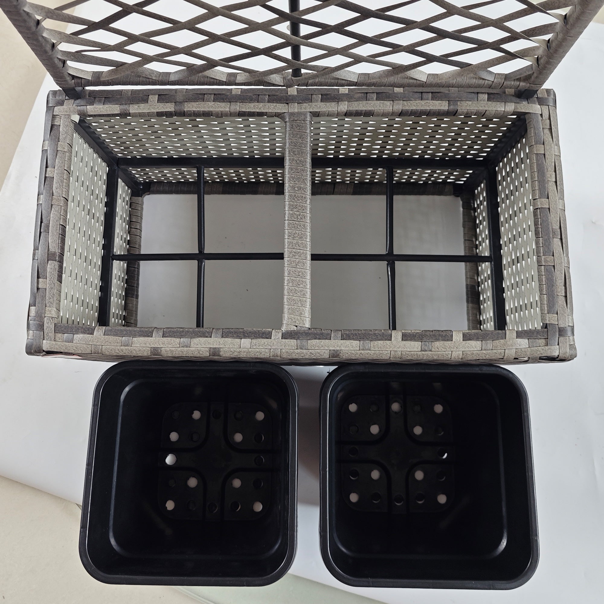 Planter with Trellis for Climbers, Raised Planter with 2 Inner Pots, Steel and PE Rattan Frame, 57x30x107cm, Gray