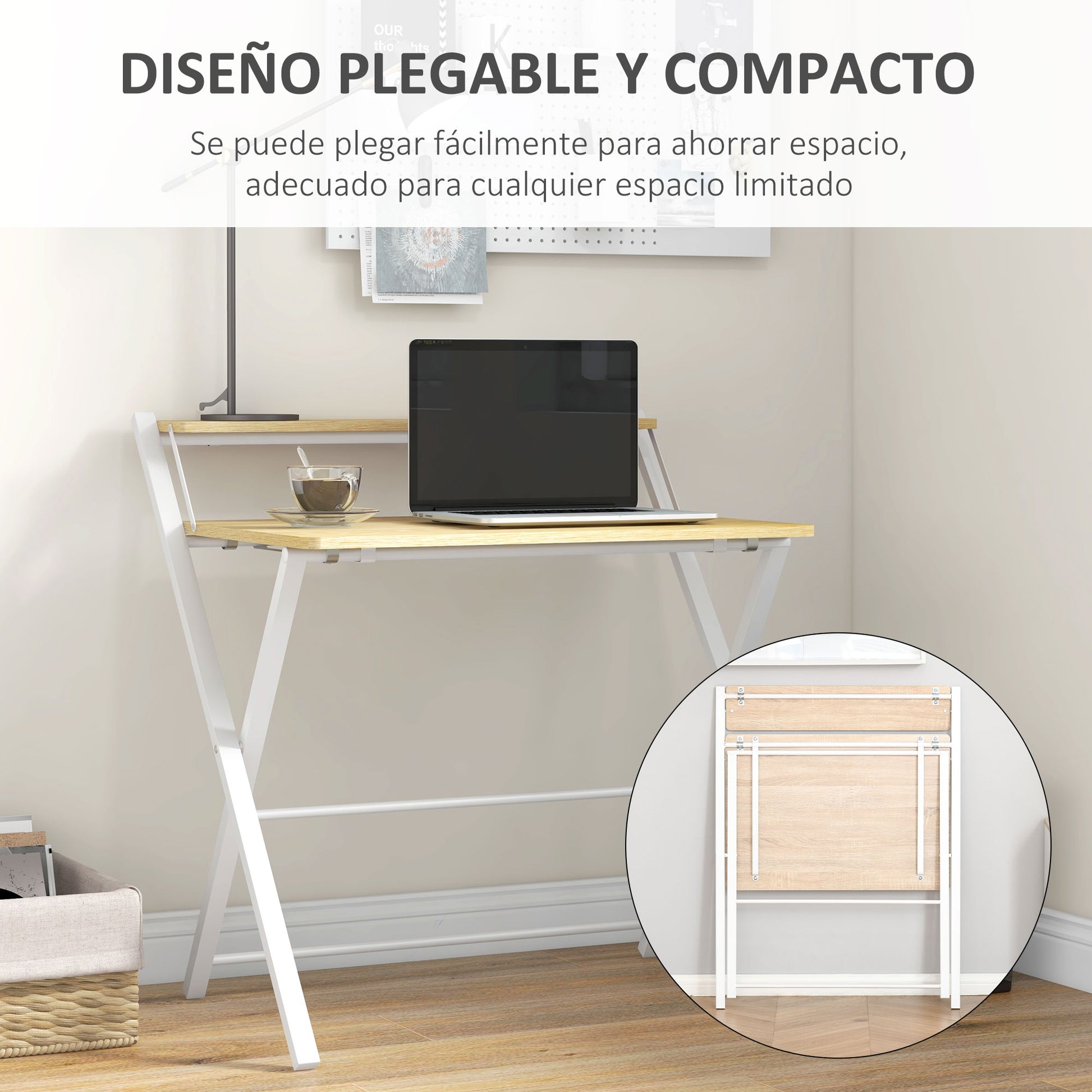 Folding Desk Study Desk with Upper Shelf Modern Style for Living Room Office Bedroom 81.5x70x84 cm Natural and White