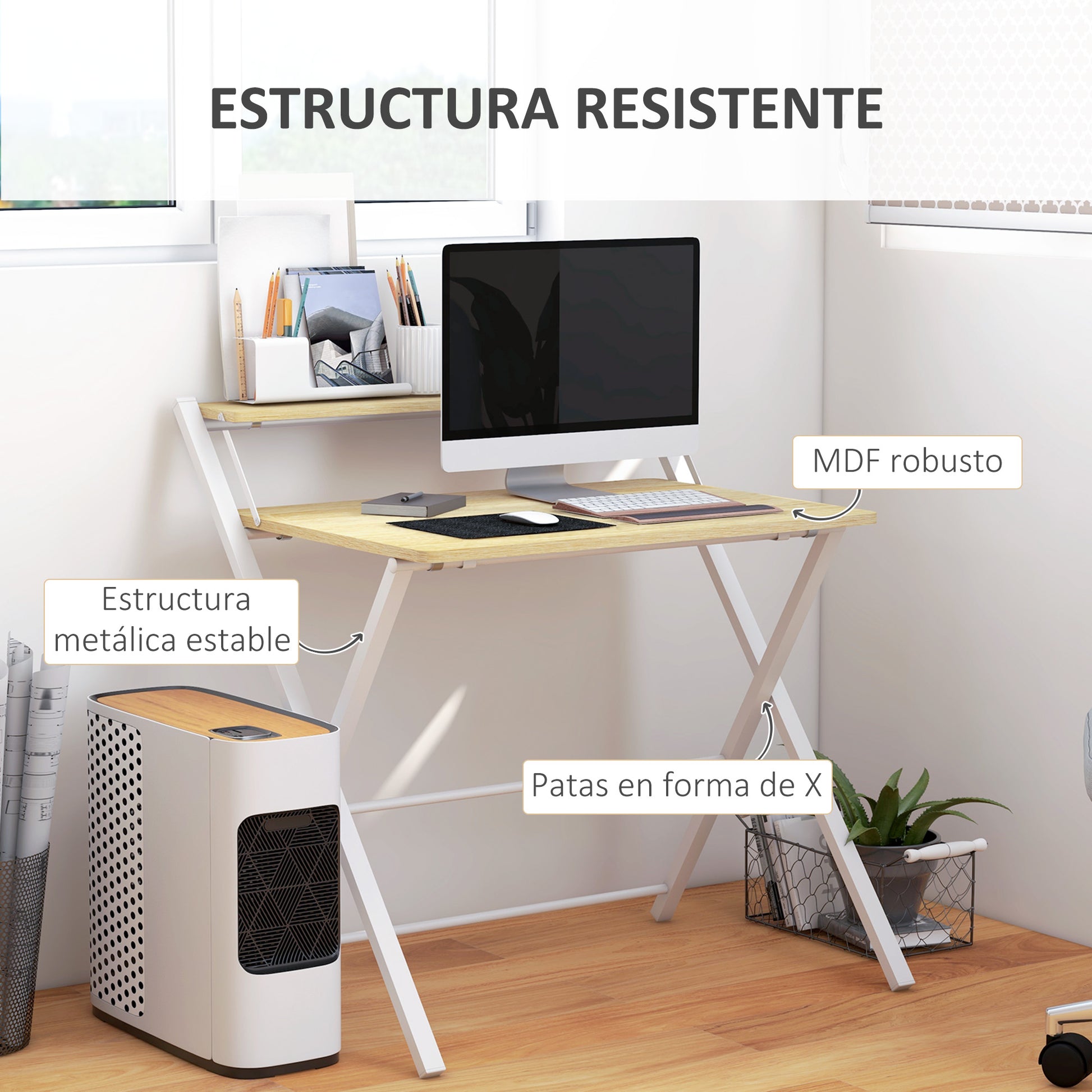 Folding Desk Study Desk with Upper Shelf Modern Style for Living Room Office Bedroom 81.5x70x84 cm Natural and White