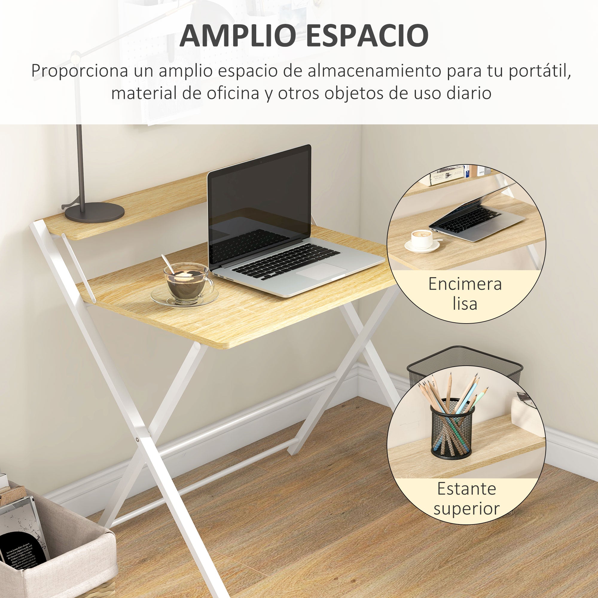 Folding Desk Study Desk with Upper Shelf Modern Style for Living Room Office Bedroom 81.5x70x84 cm Natural and White