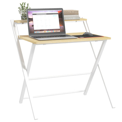 Folding Desk Study Desk with Upper Shelf Modern Style for Living Room Office Bedroom 81.5x70x84 cm Natural and White
