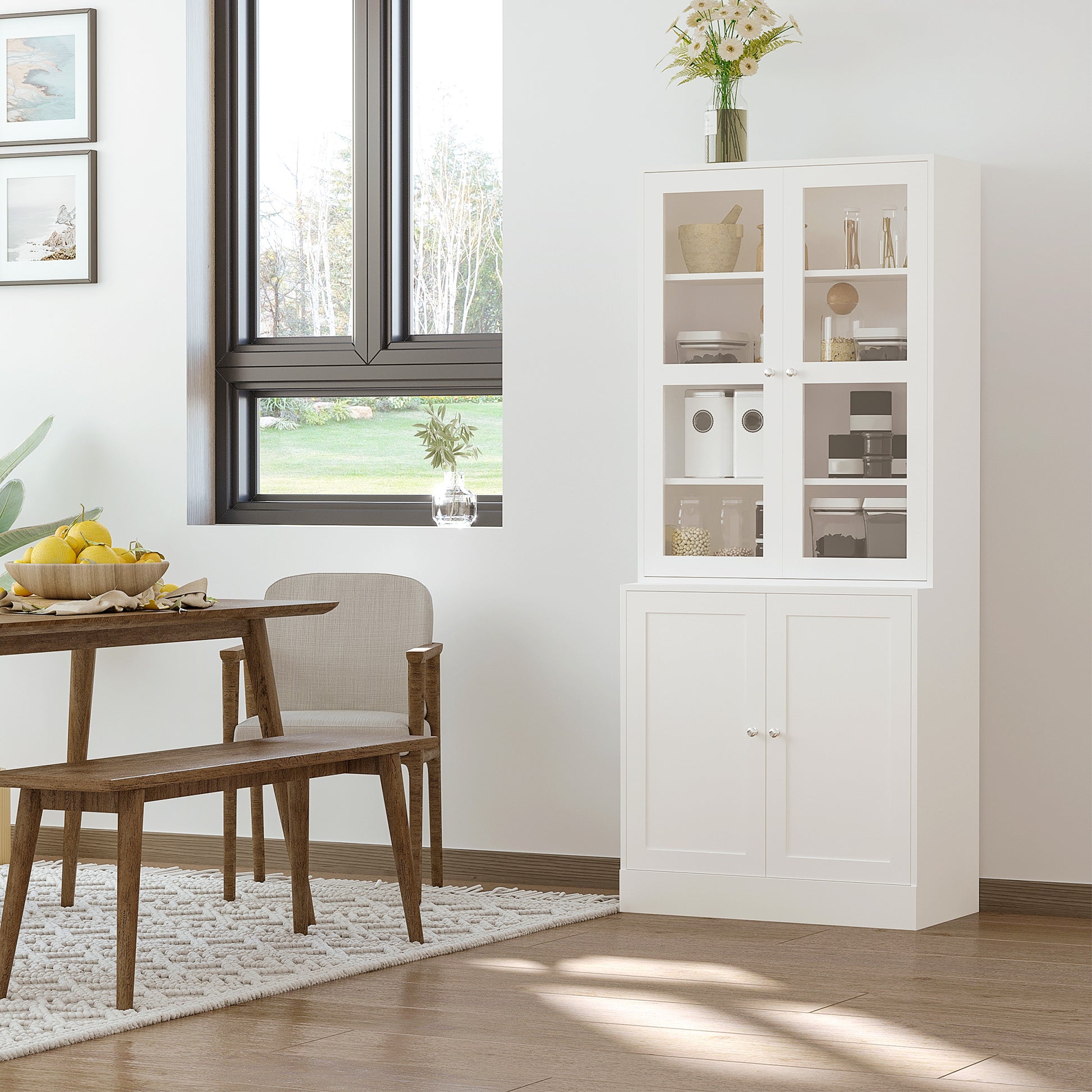 Bookcase Display Cabinet with 4 Doors and Adjustable Shelves, Modern Style Kitchen Cabinet for Living Room Kitchen Office Bedroom 76x40x178.5 cm White