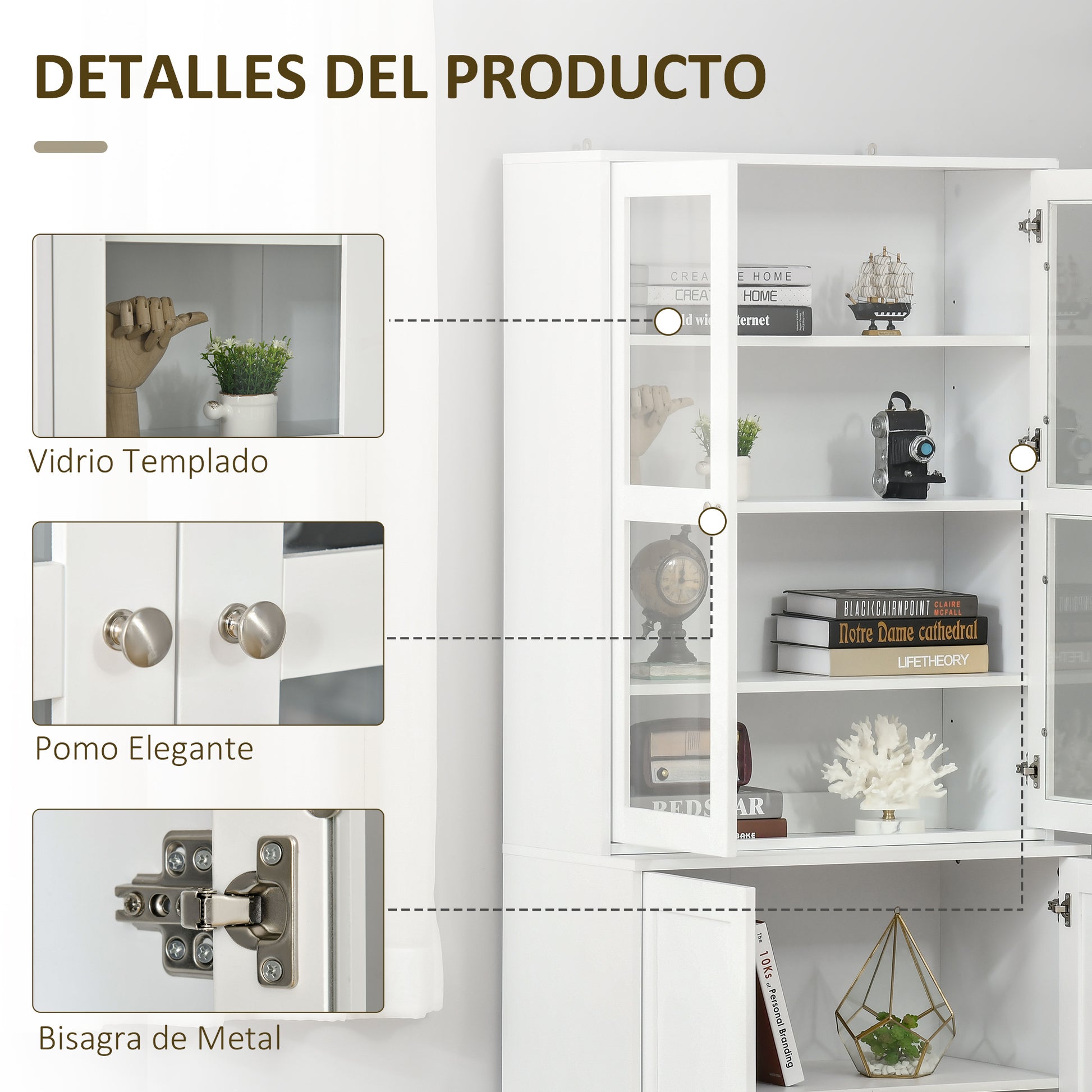 Bookcase Display Cabinet with 4 Doors and Adjustable Shelves, Modern Style Kitchen Cabinet for Living Room Kitchen Office Bedroom 76x40x178.5 cm White