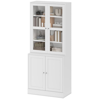 Bookcase Display Cabinet with 4 Doors and Adjustable Shelves, Modern Style Kitchen Cabinet for Living Room Kitchen Office Bedroom 76x40x178.5 cm White