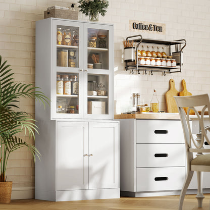 Bookcase Display Cabinet with 4 Doors and Adjustable Shelves, Modern Style Kitchen Cabinet for Living Room Kitchen Office Bedroom 76x40x178.5 cm White