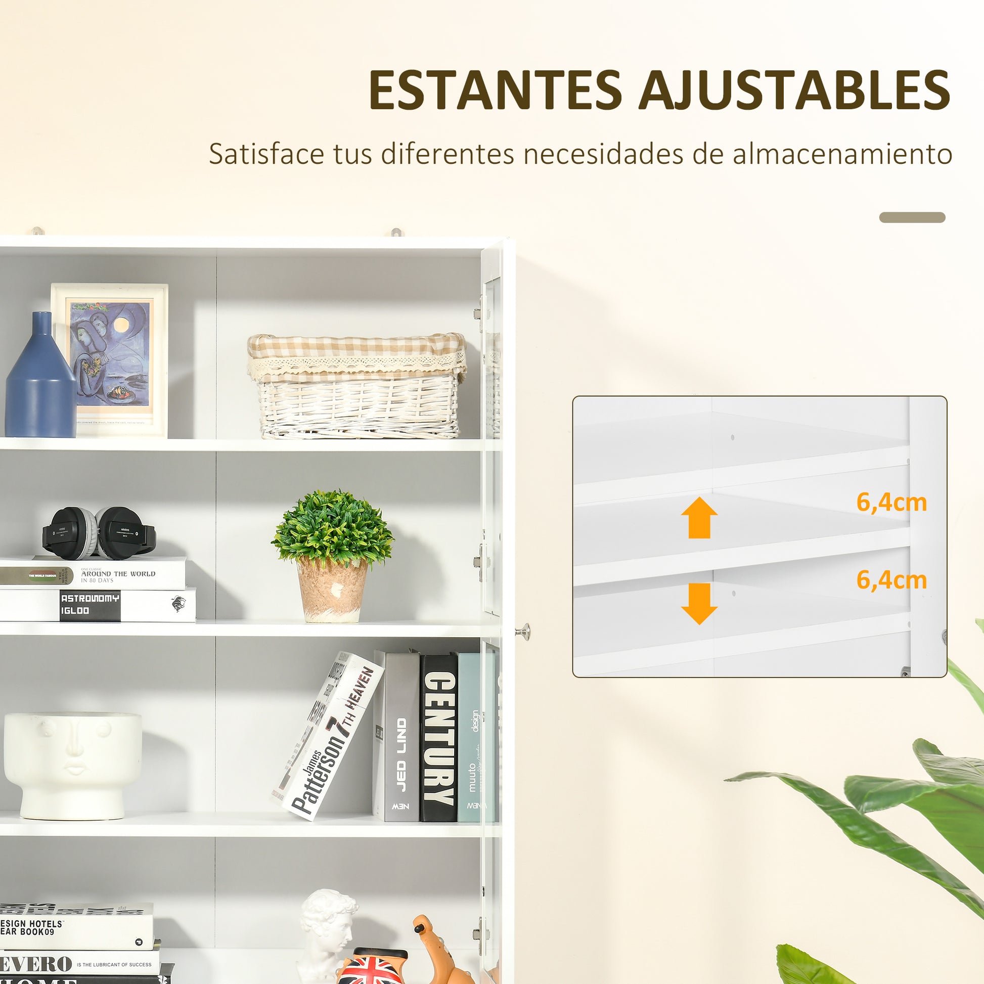 Bookcase Display Cabinet with 4 Doors and Adjustable Shelves, Modern Style Kitchen Cabinet for Living Room Kitchen Office Bedroom 76x40x178.5 cm White