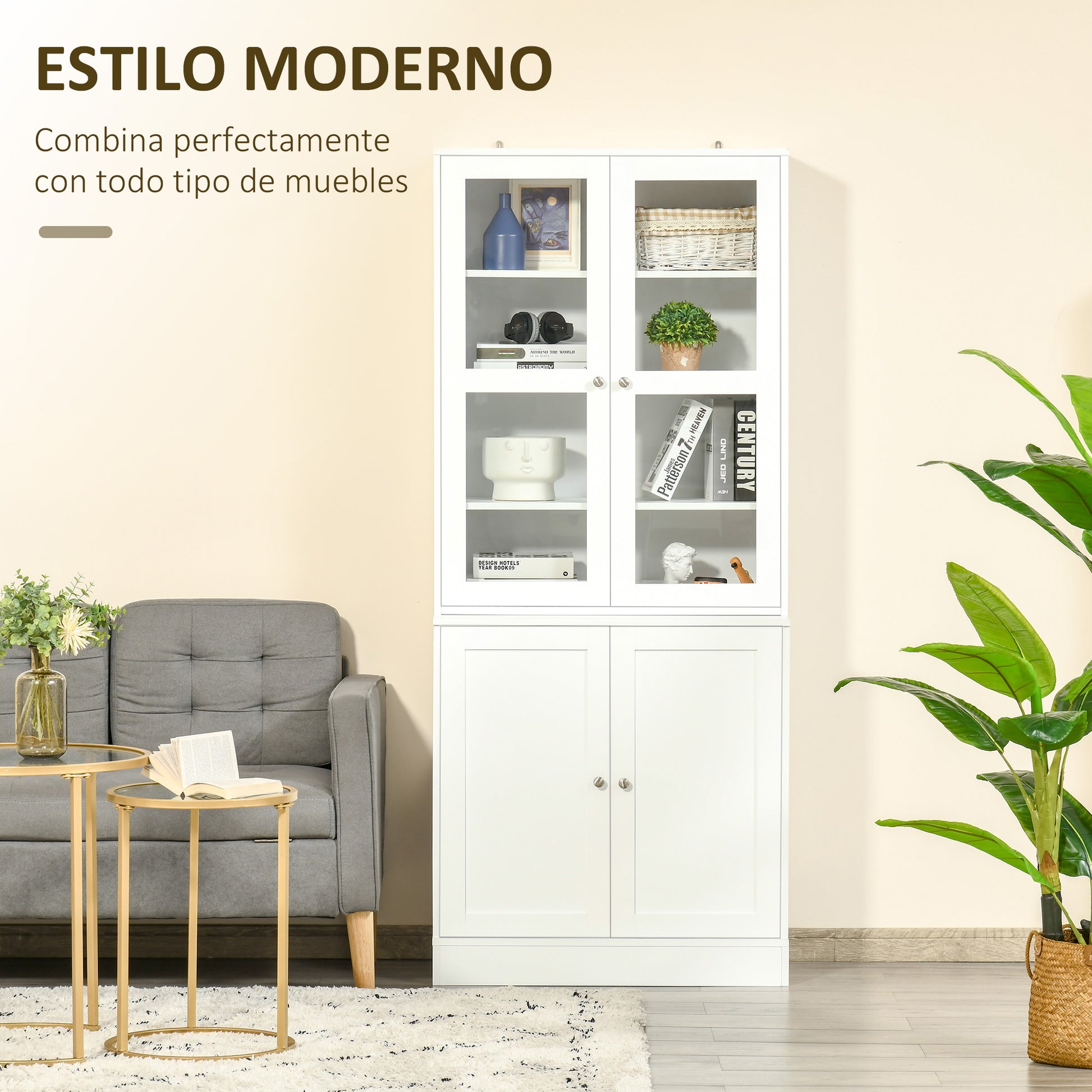 Bookcase Display Cabinet with 4 Doors and Adjustable Shelves, Modern Style Kitchen Cabinet for Living Room Kitchen Office Bedroom 76x40x178.5 cm White