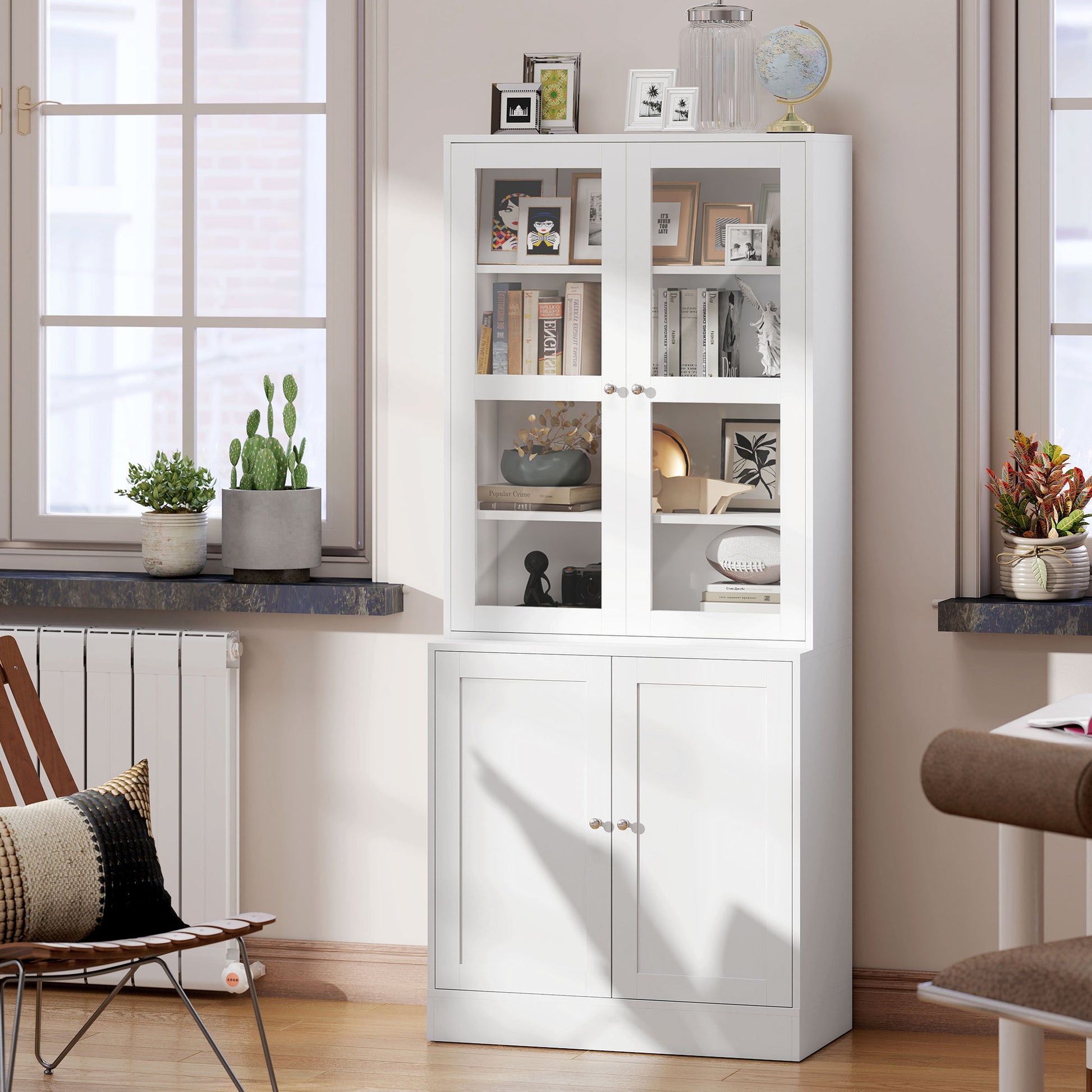 Bookcase Display Cabinet with 4 Doors and Adjustable Shelves, Modern Style Kitchen Cabinet for Living Room Kitchen Office Bedroom 76x40x178.5 cm White