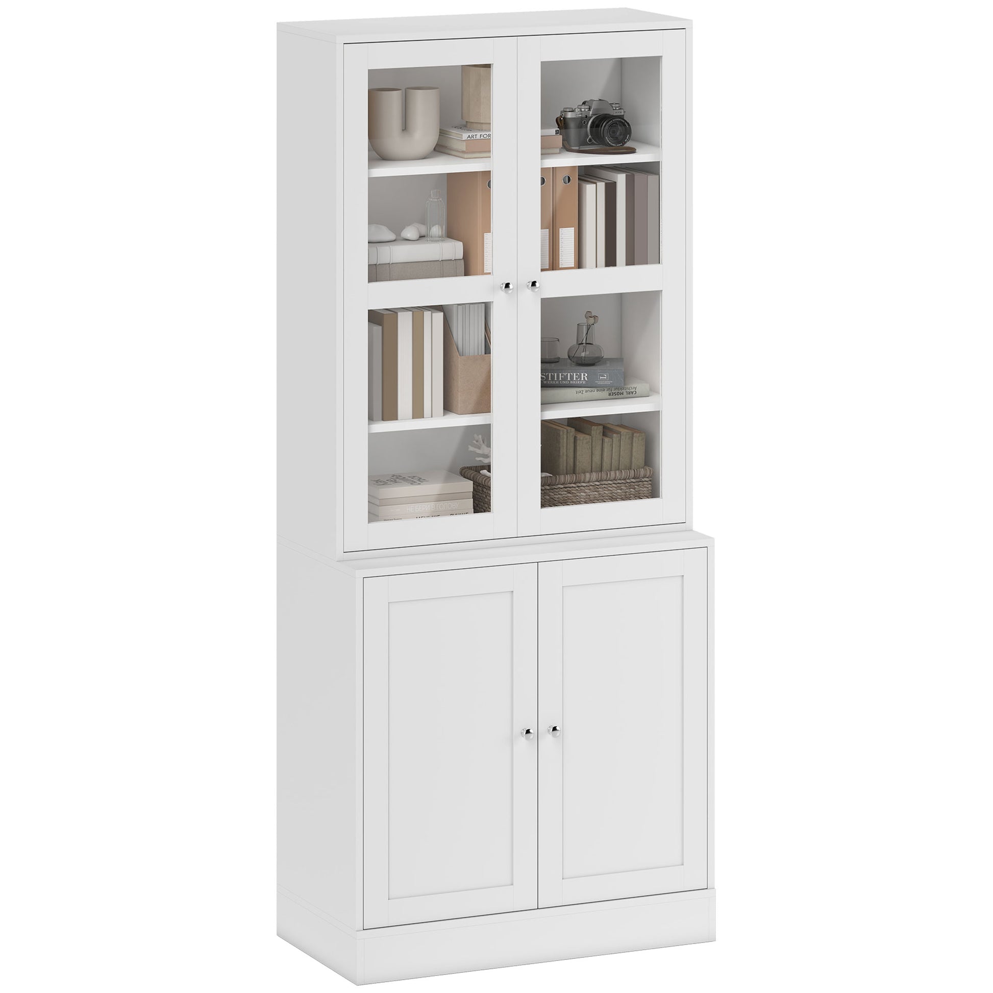Bookcase Display Cabinet with 4 Doors and Adjustable Shelves, Modern Style Kitchen Cabinet for Living Room Kitchen Office Bedroom 76x40x178.5 cm White