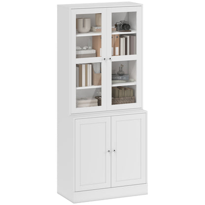 Bookcase Display Cabinet with 4 Doors and Adjustable Shelves, Modern Style Kitchen Cabinet for Living Room Kitchen Office Bedroom 76x40x178.5 cm White