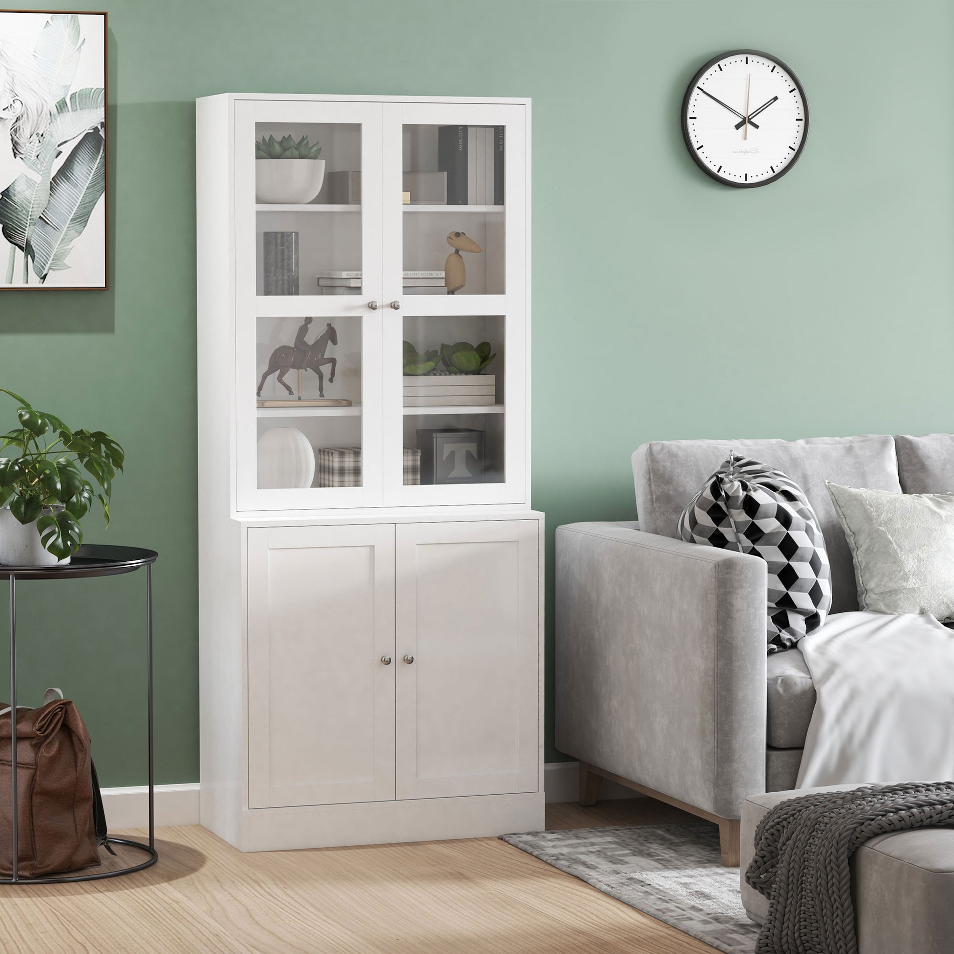 Bookcase Display Cabinet with 4 Doors and Adjustable Shelves, Modern Style Kitchen Cabinet for Living Room Kitchen Office Bedroom 76x40x178.5 cm White