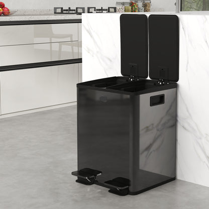 Dual 2 x 20L Stainless Steel Trash Can — Soft-Close Lids, Removable Inner Buckets, Black