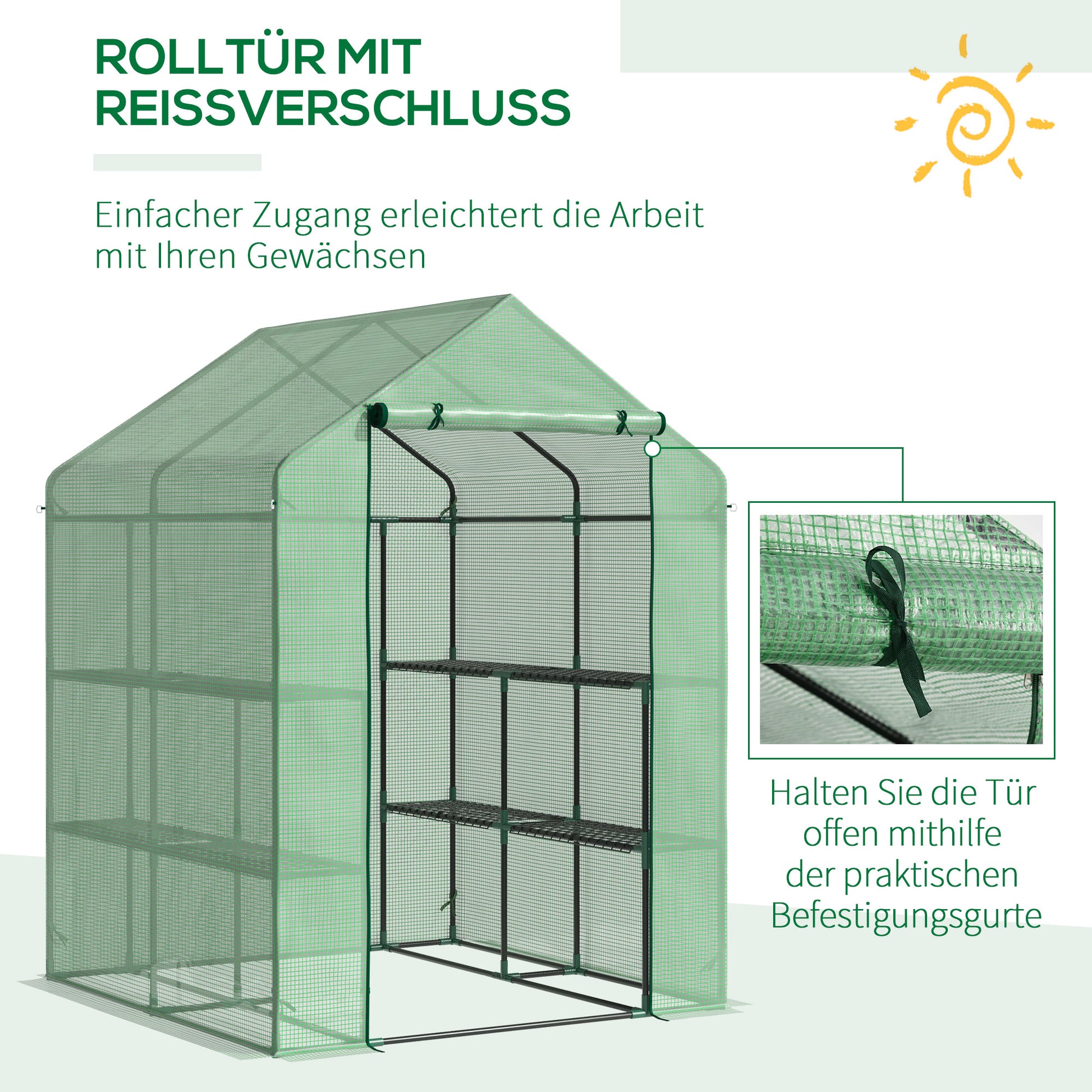 Walk-in Greenhouse with 8 Shelves Tomato Greenhouse Greenhouse with Door Green Steel PE Plastic 143 x 138 x 190 cm