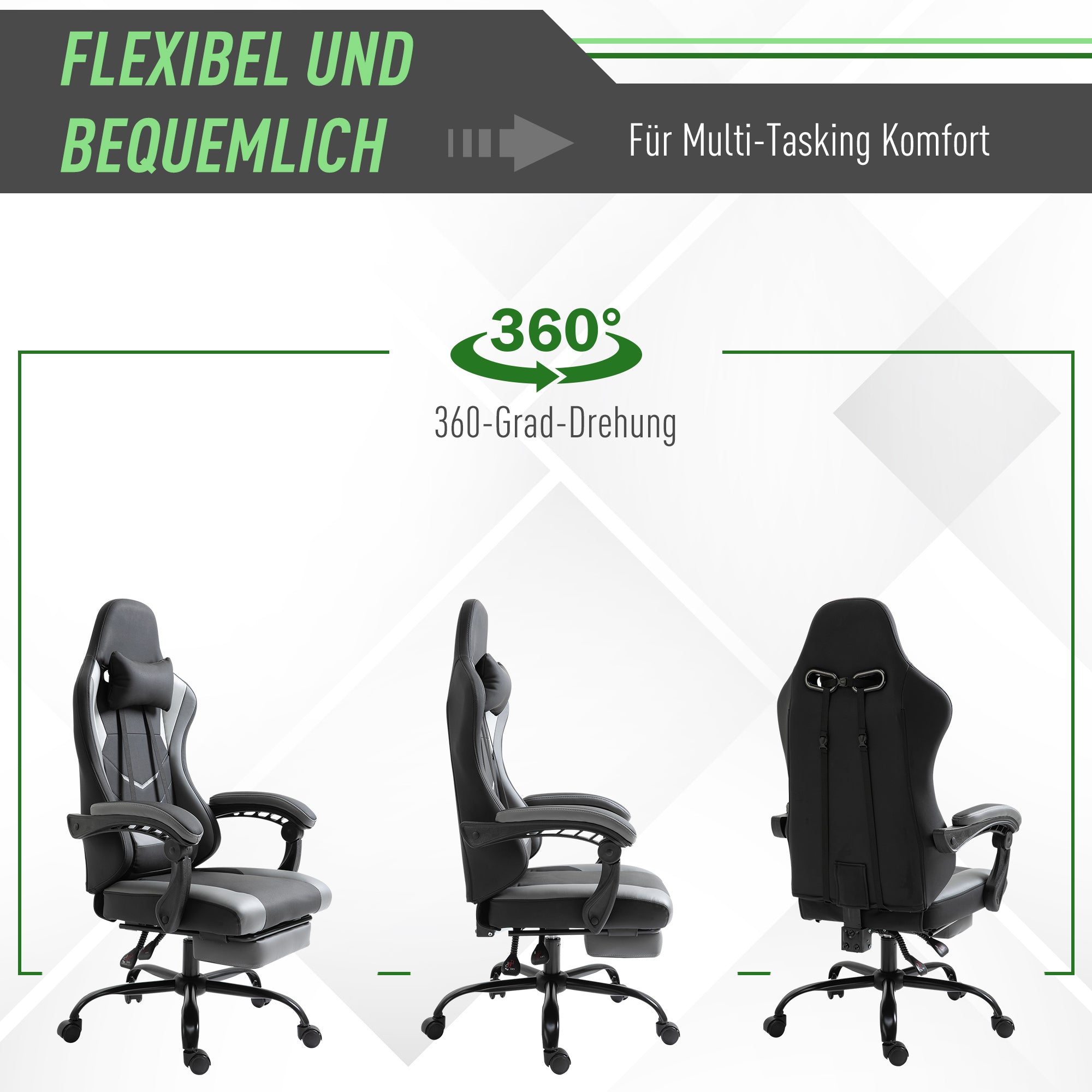 Ergonomic Gaming Chair Office Chair Desk Chair, Swivel Chair Height Adjustable, Adjustable Lumbar Pillow with Footrest Black 62x52x128 cm