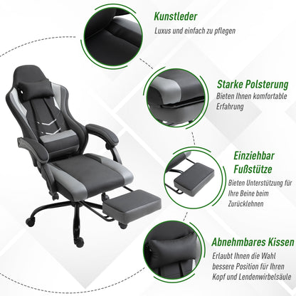 Ergonomic Gaming Chair Office Chair Desk Chair, Swivel Chair Height Adjustable, Adjustable Lumbar Pillow with Footrest Black 62x52x128 cm