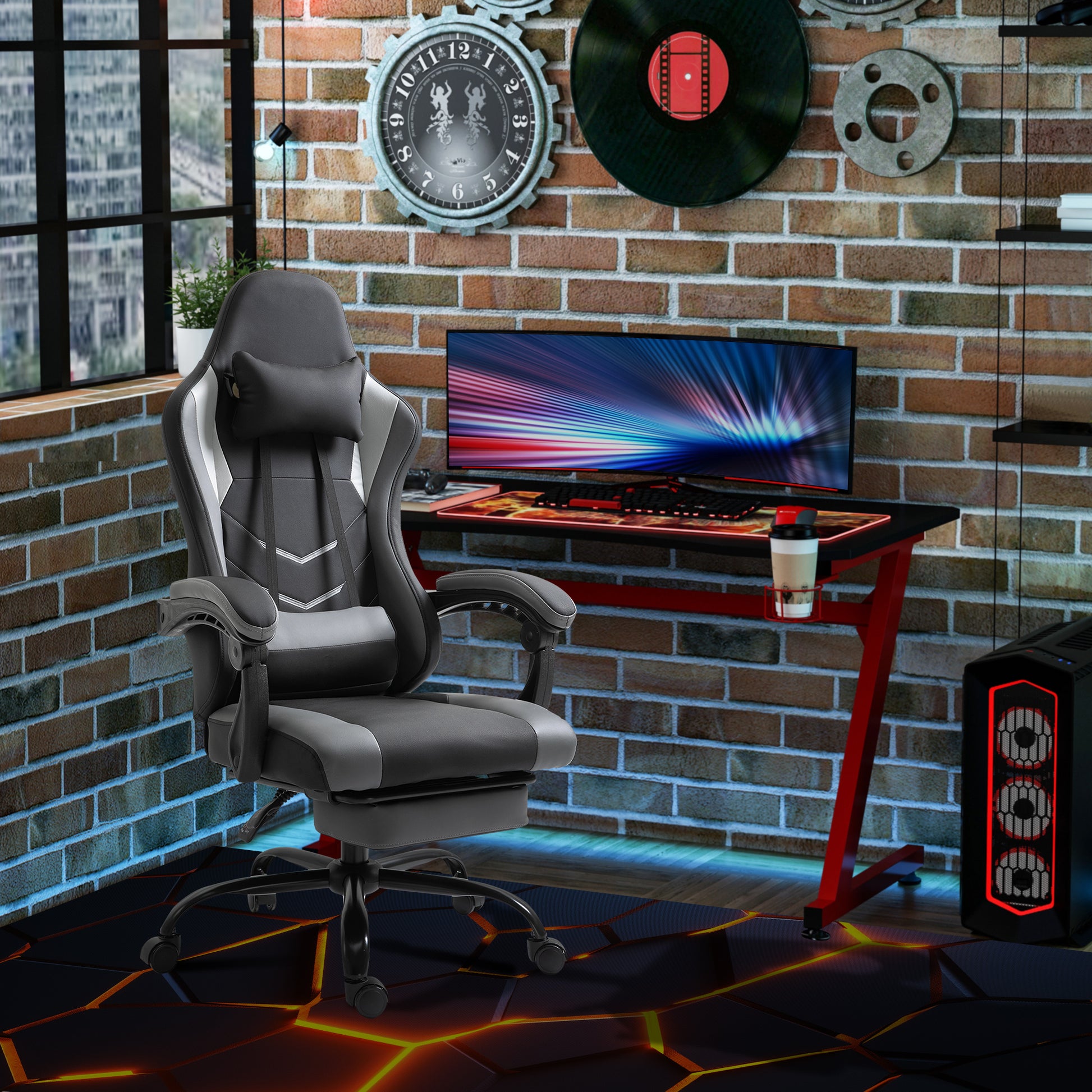 Ergonomic Gaming Chair Office Chair Desk Chair, Swivel Chair Height Adjustable, Adjustable Lumbar Pillow with Footrest Black 62x52x128 cm