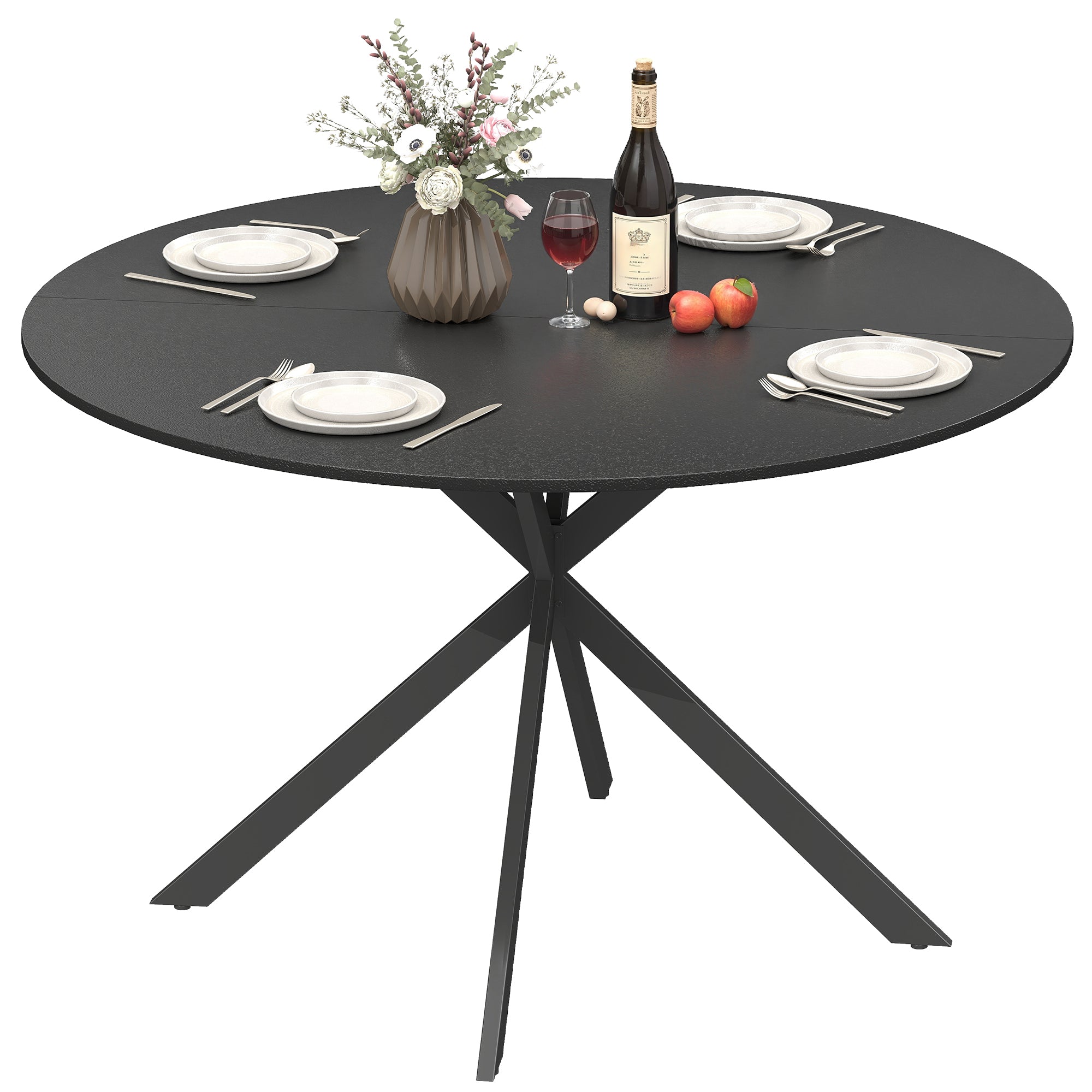 Round Dining Table for 4, 47.2 in Ø Industrial Style with Steel X-Legs, for Dining Room, Kitchen, Home Office, Black