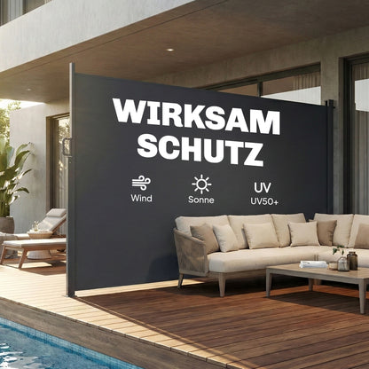 Retractable Opaque Side Awning — Privacy Screen, UPF 50+ Water-Resistant Windbreak, 420 x 185 cm (13'9" x 6'1") — Dark Gray