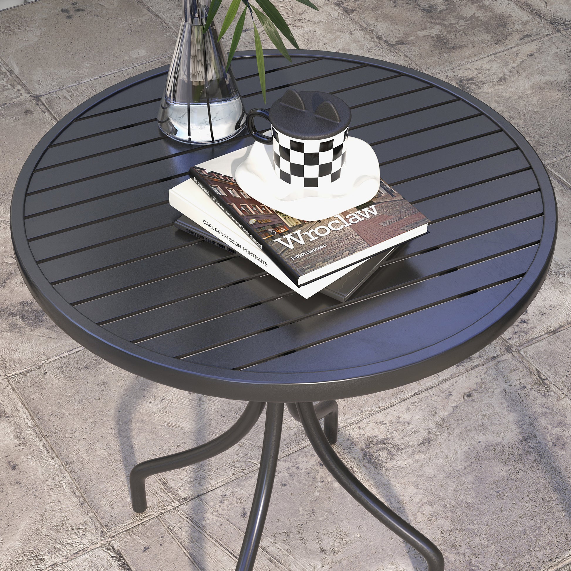 Round Garden Table Ø66 cm, outdoor table in galvanized steel with slatted top for terrace, balcony, black