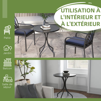 Round Garden Table Ø66 cm, outdoor table in galvanized steel with slatted top for terrace, balcony, black