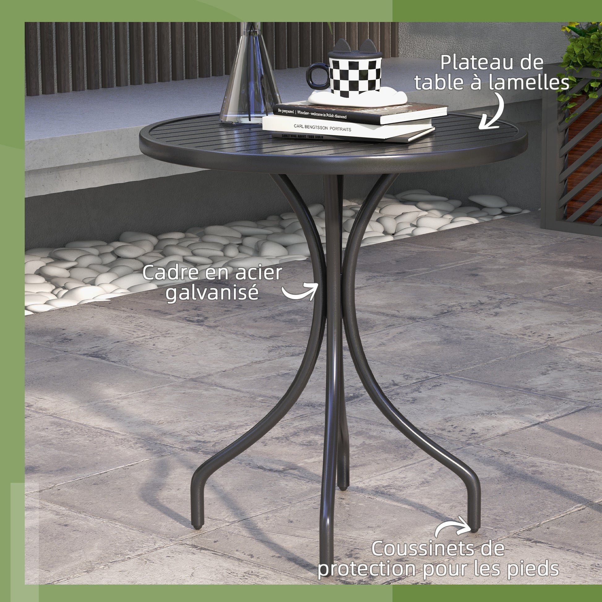Round Garden Table Ø66 cm, outdoor table in galvanized steel with slatted top for terrace, balcony, black