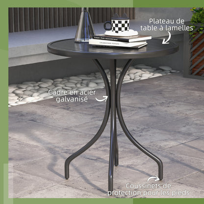 Round Garden Table Ø66 cm, outdoor table in galvanized steel with slatted top for terrace, balcony, black