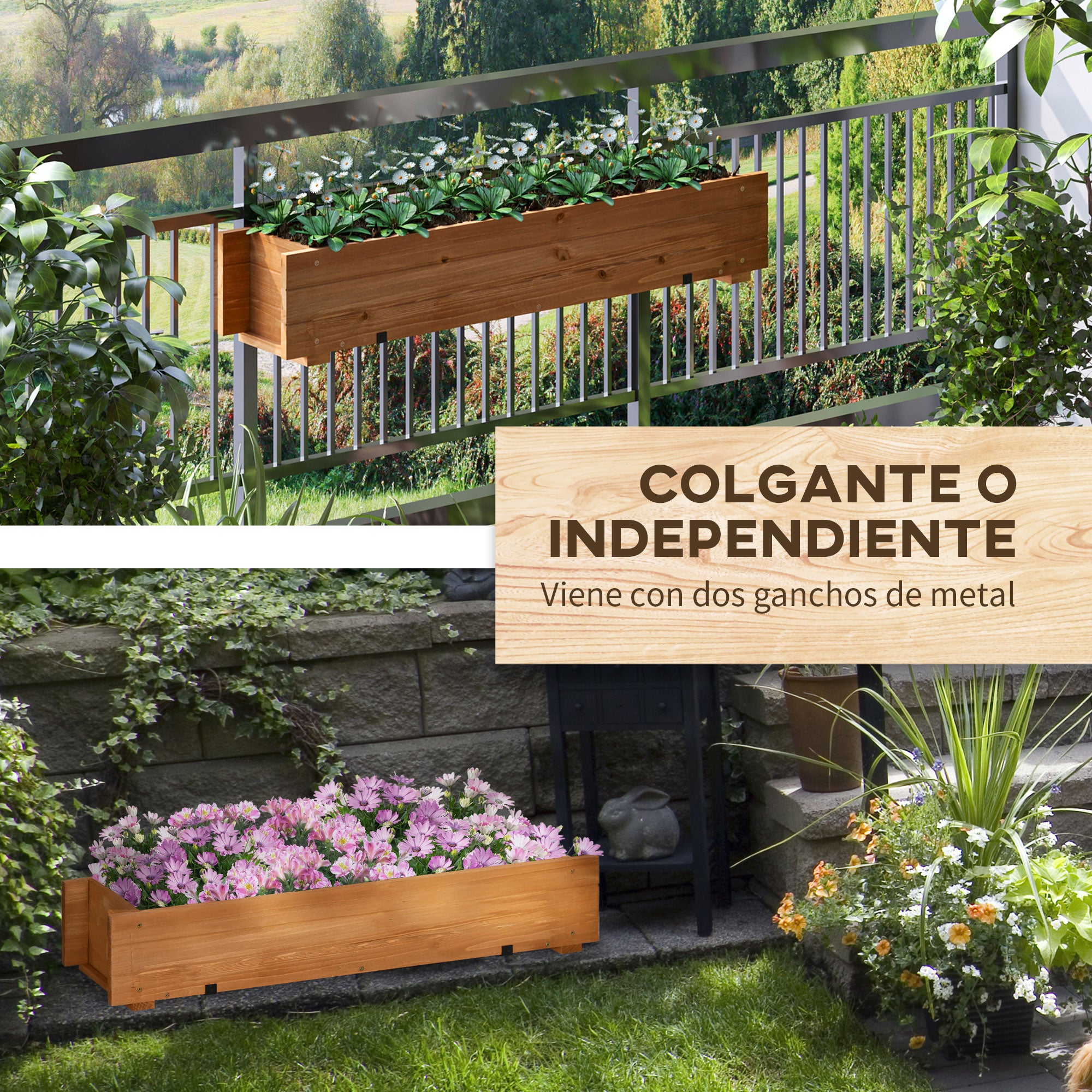 Rectangular Wooden Planter for Floor or Wall Urban Garden with 2 Drainage Holes and 2 Hooks for Crops Plants Flowers on Balcony Garden Terrace 91x18x16.5 cm Natural
