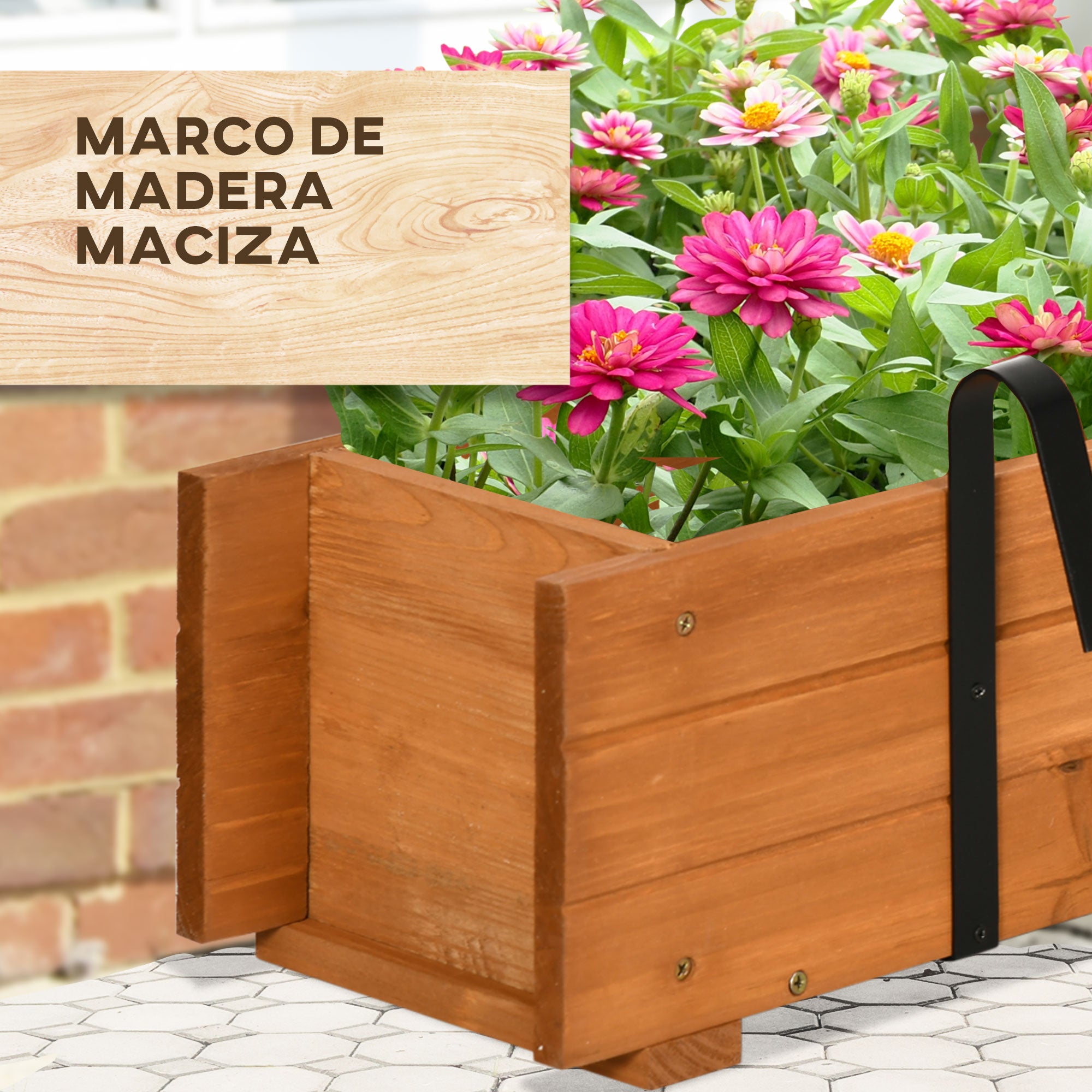 Rectangular Wooden Planter for Floor or Wall Urban Garden with 2 Drainage Holes and 2 Hooks for Crops Plants Flowers on Balcony Garden Terrace 91x18x16.5 cm Natural